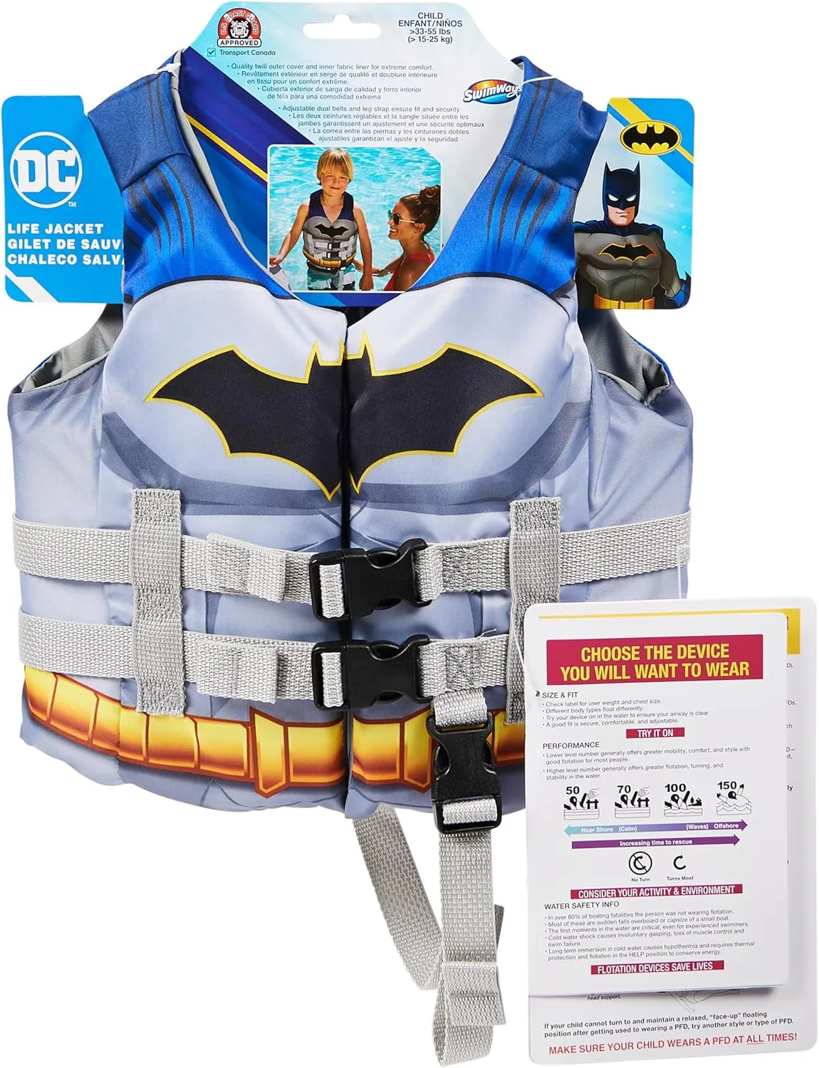 SwimWays DC Swim Trainer Life Jacket, US Coast Guard Approved Life Vest Kids Swim Vest, Pool Floats & Life Jackets for Kids 33-55 lbs, Batman