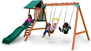 Swing-N-Slide PB 8375 Ranger Plus Wooden Swing Set with Swings, Climbing Wall, Canopy and Slide, Green