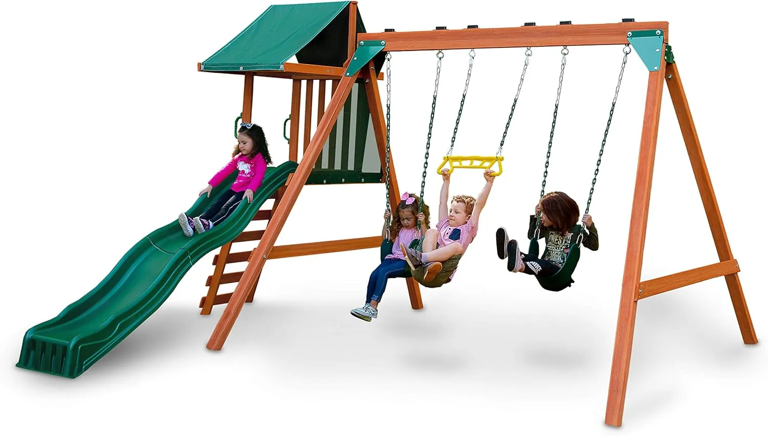 Swing-N-Slide PB 8375 Ranger Plus Wooden Swing Set with Swings, Climbing Wall, Canopy and Slide, Green