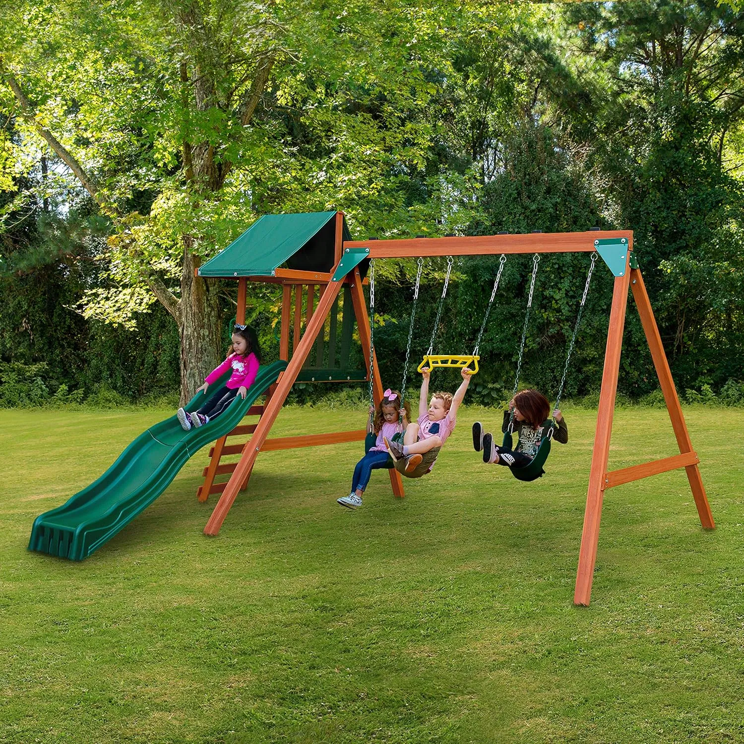 Swing-N-Slide PB 8375 Ranger Plus Wooden Swing Set with Swings, Climbing Wall, Canopy and Slide, Green