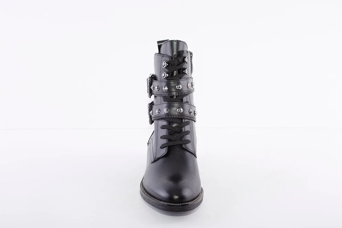 TAMARIS - 25134 LOW BLOCK HEEL LACE STUDDED STRAP ANKLE BOOT - BLACK LEATHER