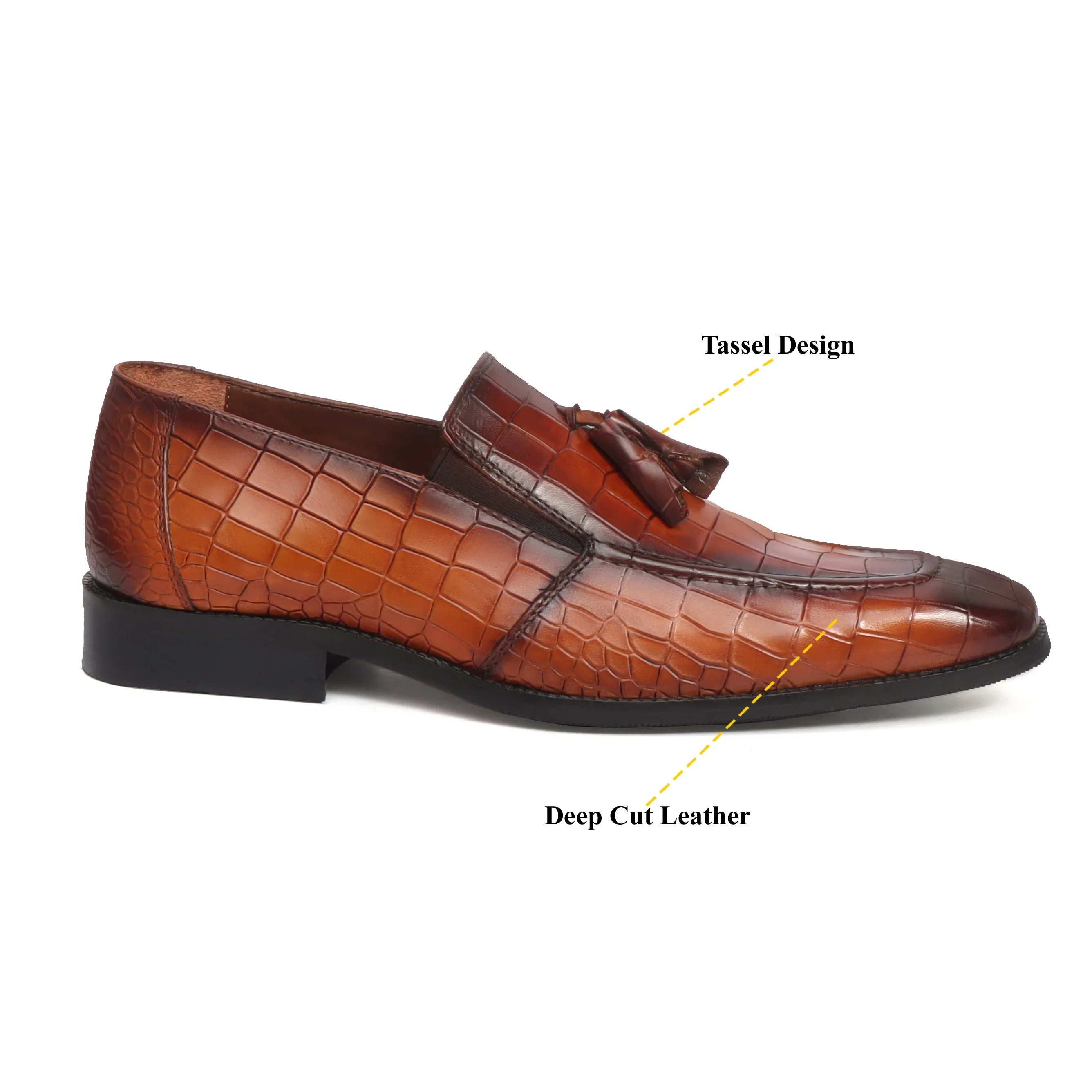 Tan Sleek Look Tassel Hand Painted Deep Cut Croco Leather Loafer For Men By Brune & Bareskin