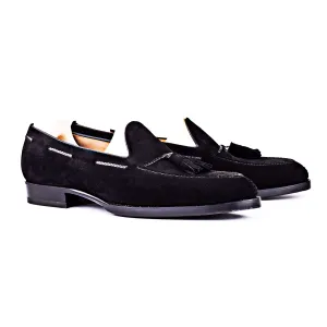 Tassel loafer with hand stitched apron in black suede