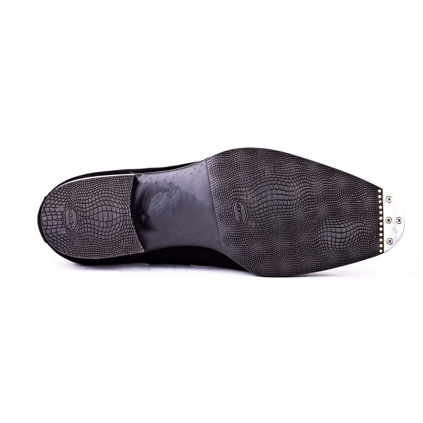 Tassel loafer with hand stitched apron in black suede