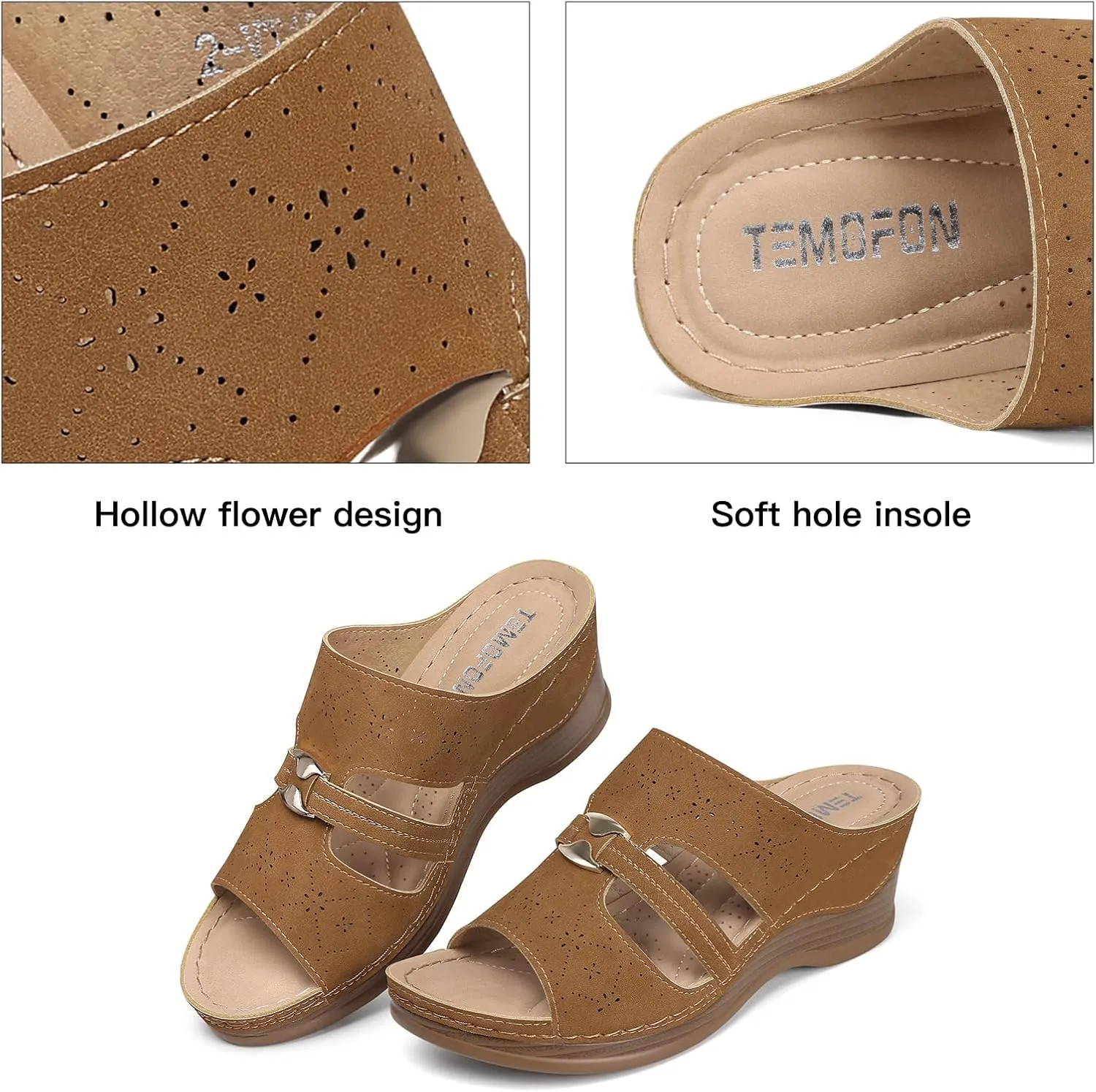 TEMOFON Sandals for Women Summer Wedge: Soft Hollow Out Dressy Slides Sandals, Rubber Sole, Comfortable Walking, Casual Slip on Platform Shoes