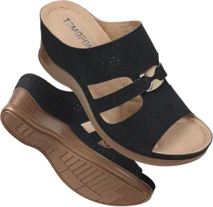 TEMOFON Sandals for Women Summer Wedge: Soft Hollow Out Dressy Slides Sandals, Rubber Sole, Comfortable Walking, Casual Slip on Platform Shoes