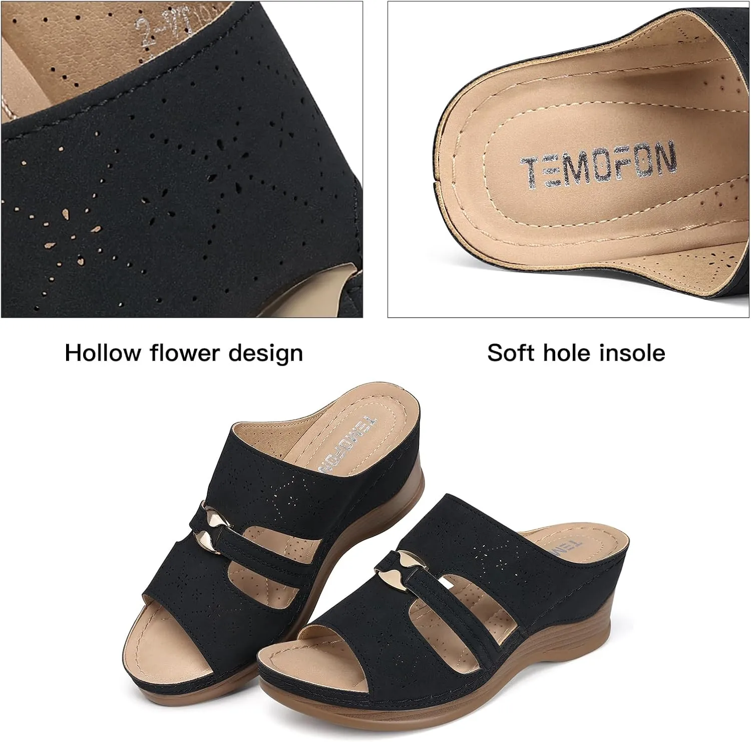 TEMOFON Sandals for Women Summer Wedge: Soft Hollow Out Dressy Slides Sandals, Rubber Sole, Comfortable Walking, Casual Slip on Platform Shoes