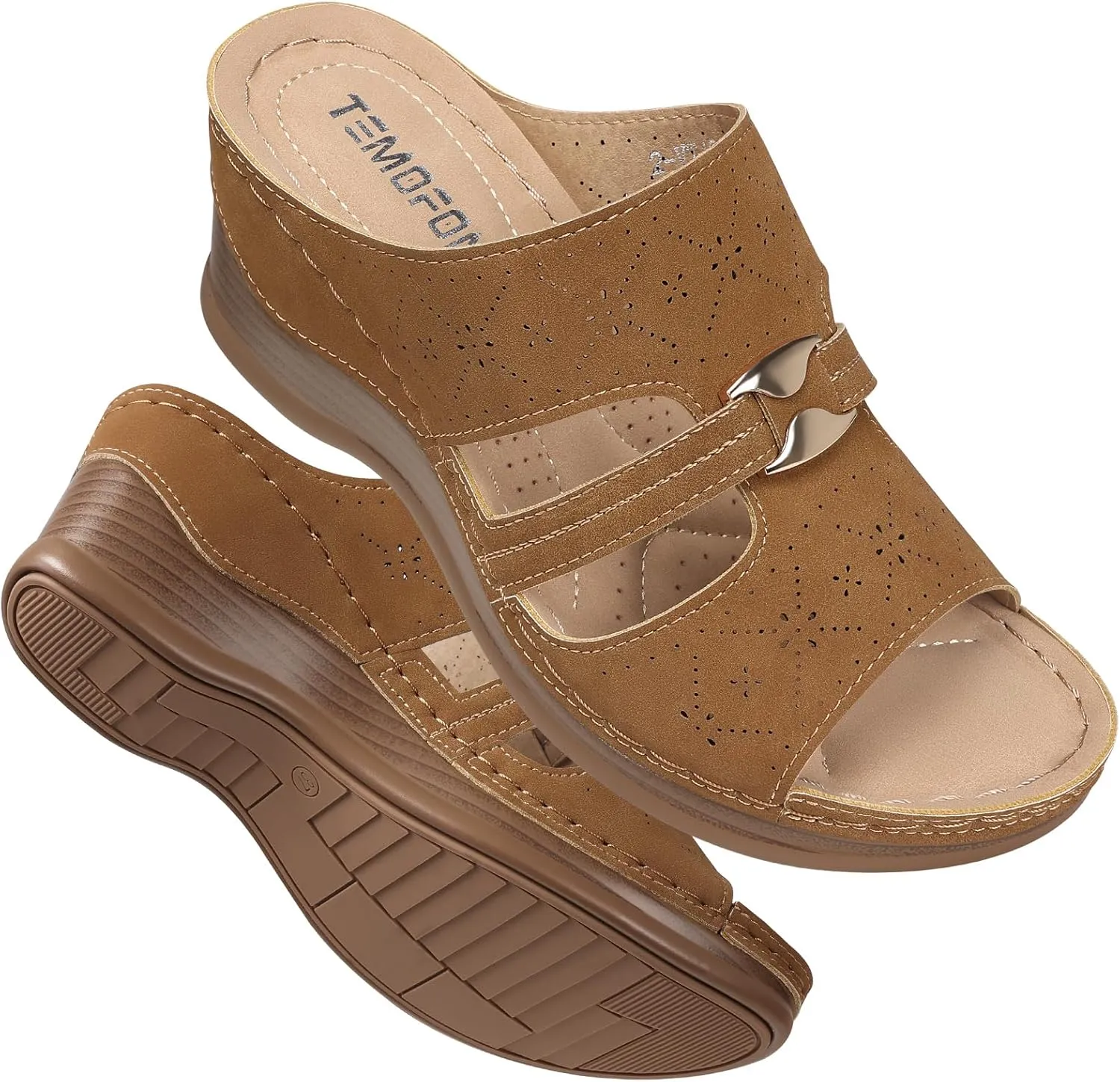 TEMOFON Sandals for Women Summer Wedge: Soft Hollow Out Dressy Slides Sandals, Rubber Sole, Comfortable Walking, Casual Slip on Platform Shoes