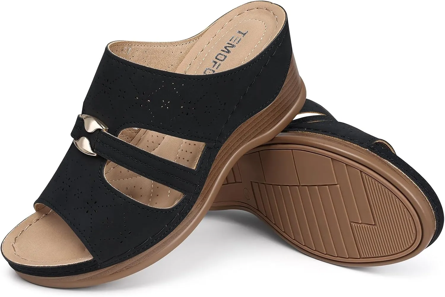 TEMOFON Sandals for Women Summer Wedge: Soft Hollow Out Dressy Slides Sandals, Rubber Sole, Comfortable Walking, Casual Slip on Platform Shoes
