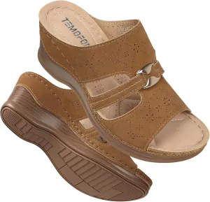 TEMOFON Sandals for Women Summer Wedge: Soft Hollow Out Dressy Slides Sandals, Rubber Sole, Comfortable Walking, Casual Slip on Platform Shoes