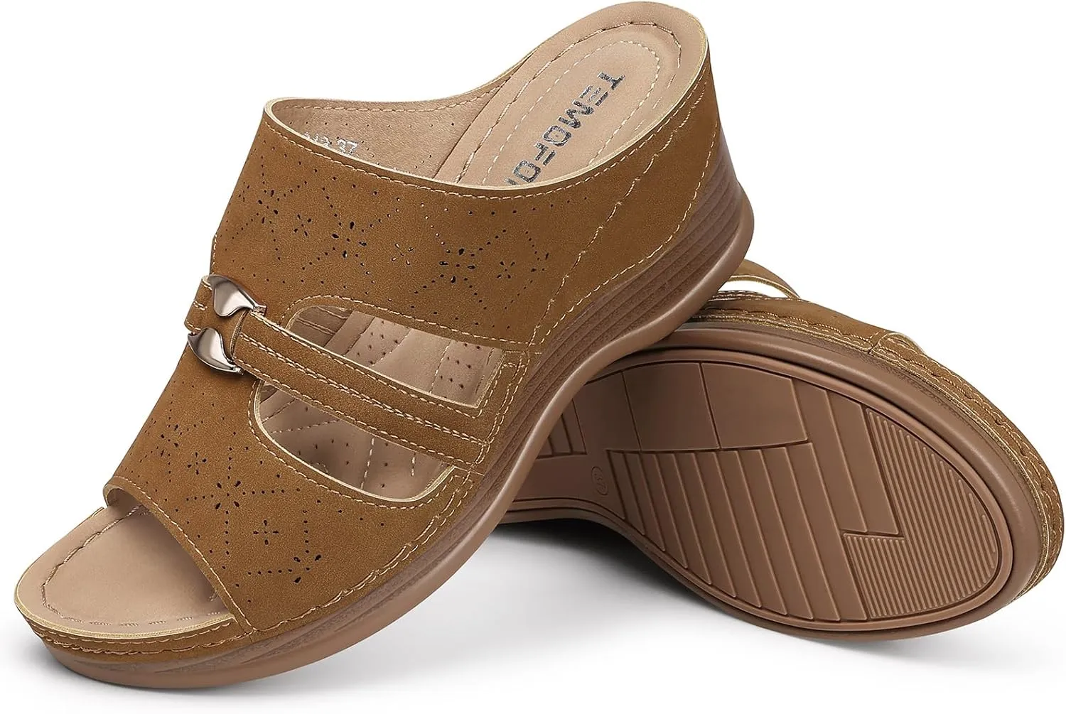 TEMOFON Sandals for Women Summer Wedge: Soft Hollow Out Dressy Slides Sandals, Rubber Sole, Comfortable Walking, Casual Slip on Platform Shoes