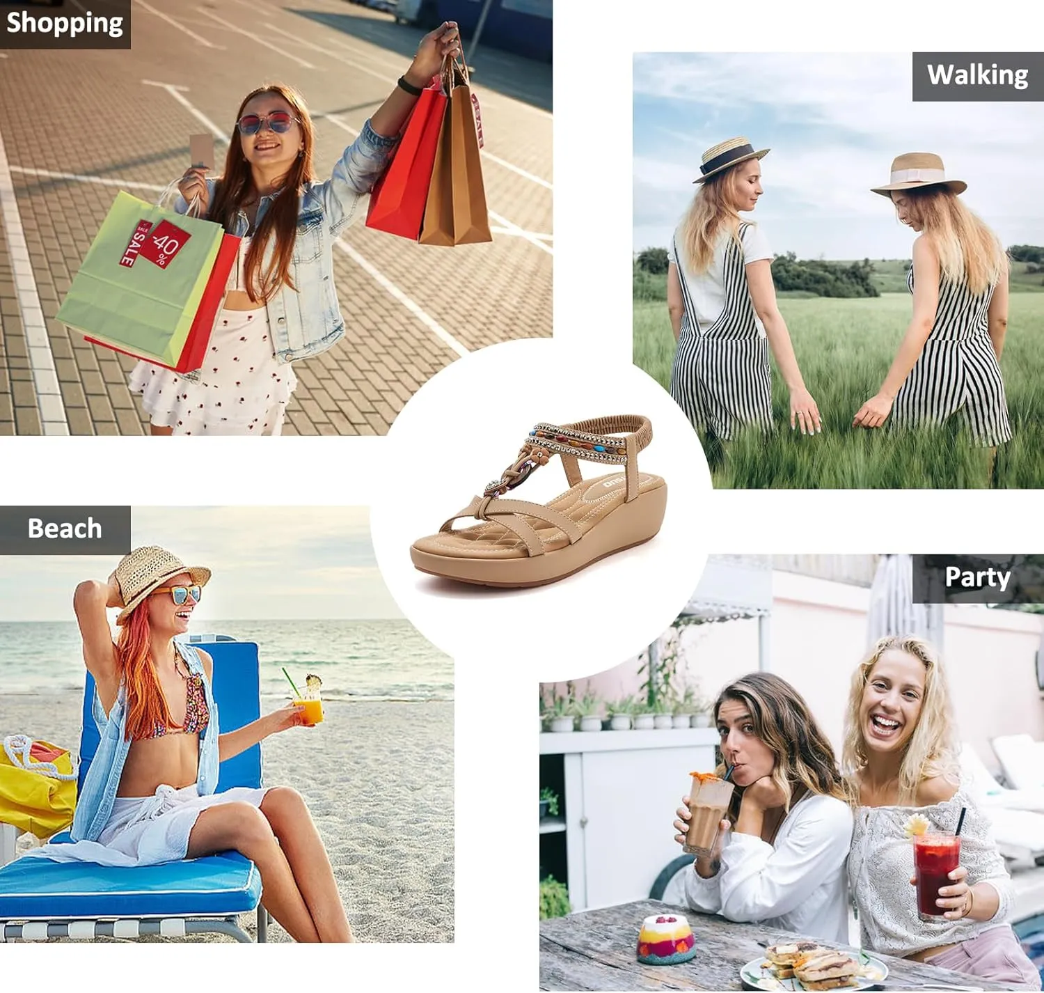 TETSUO Sandals Women Platform Wedge Low Heels Sandals Dressy Flower Summer Beach Rhinestone Casual Shoes for Women Walking Elastic Ankle Strap Open Toe Bohemia Shoes