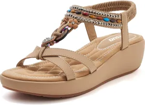 TETSUO Sandals Women Platform Wedge Low Heels Sandals Dressy Flower Summer Beach Rhinestone Casual Shoes for Women Walking Elastic Ankle Strap Open Toe Bohemia Shoes