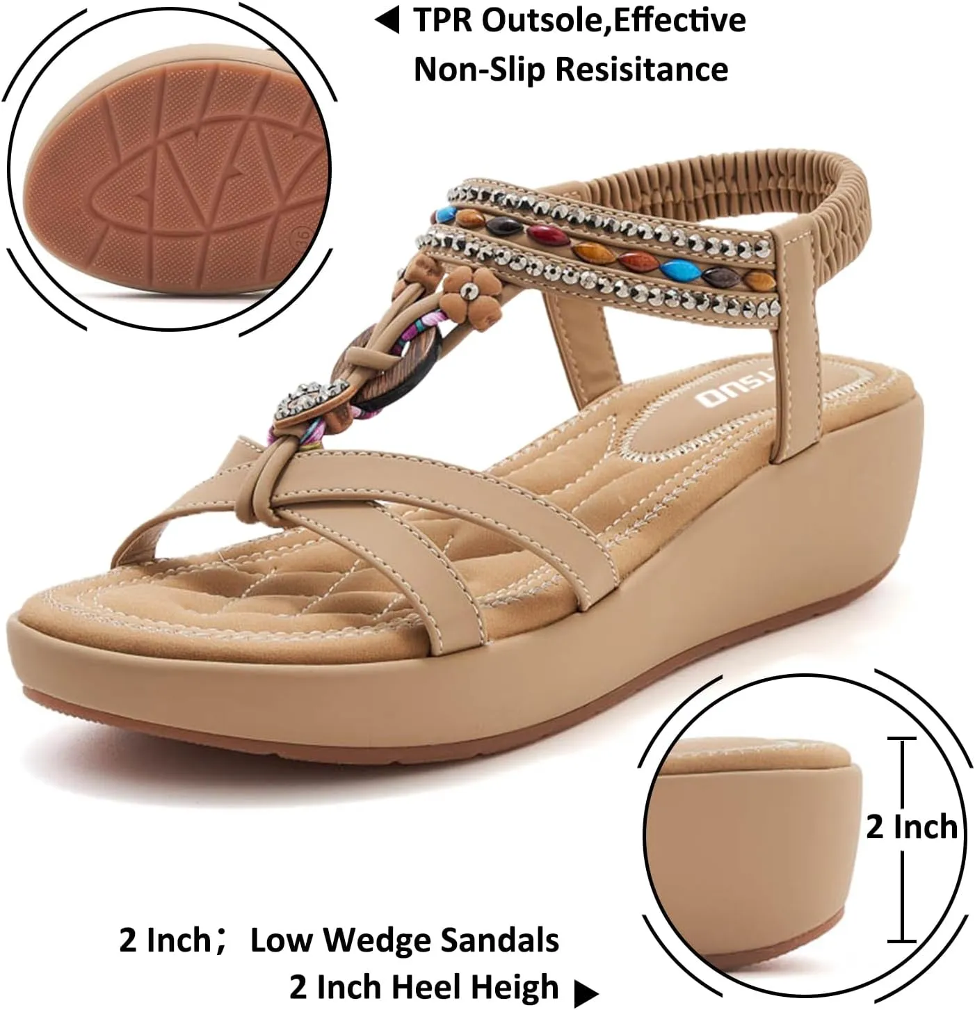 TETSUO Sandals Women Platform Wedge Low Heels Sandals Dressy Flower Summer Beach Rhinestone Casual Shoes for Women Walking Elastic Ankle Strap Open Toe Bohemia Shoes