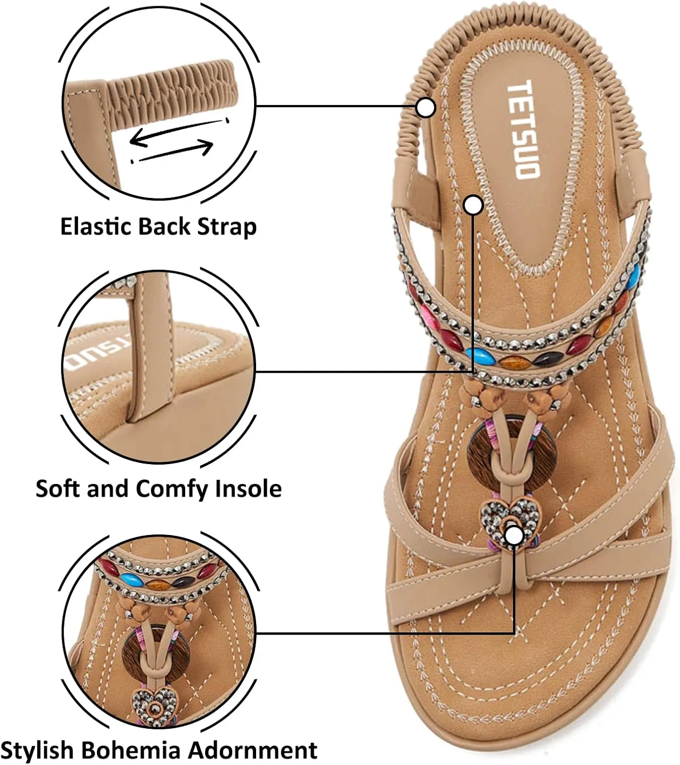 TETSUO Sandals Women Platform Wedge Low Heels Sandals Dressy Flower Summer Beach Rhinestone Casual Shoes for Women Walking Elastic Ankle Strap Open Toe Bohemia Shoes