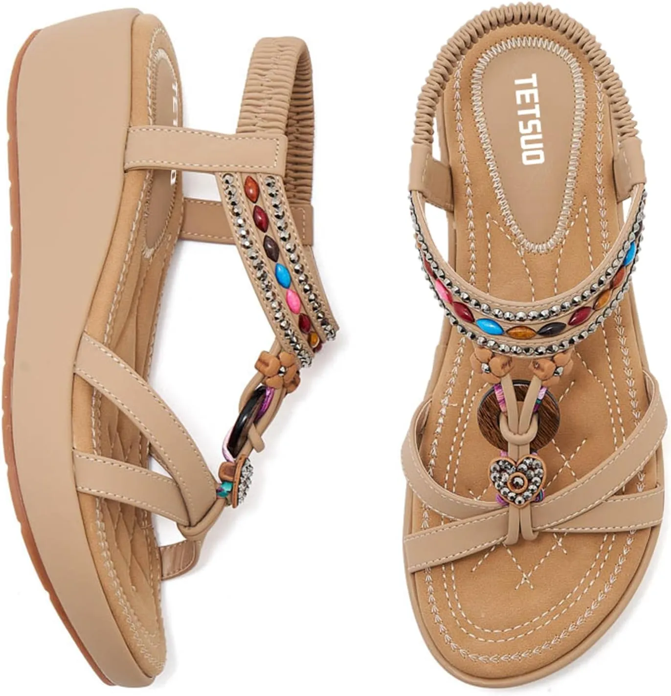 TETSUO Sandals Women Platform Wedge Low Heels Sandals Dressy Flower Summer Beach Rhinestone Casual Shoes for Women Walking Elastic Ankle Strap Open Toe Bohemia Shoes