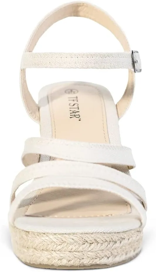 TF STAR Open Toe Buckle Ankle Strap Espadrilles Platform Wedge Casual Sandal for Women