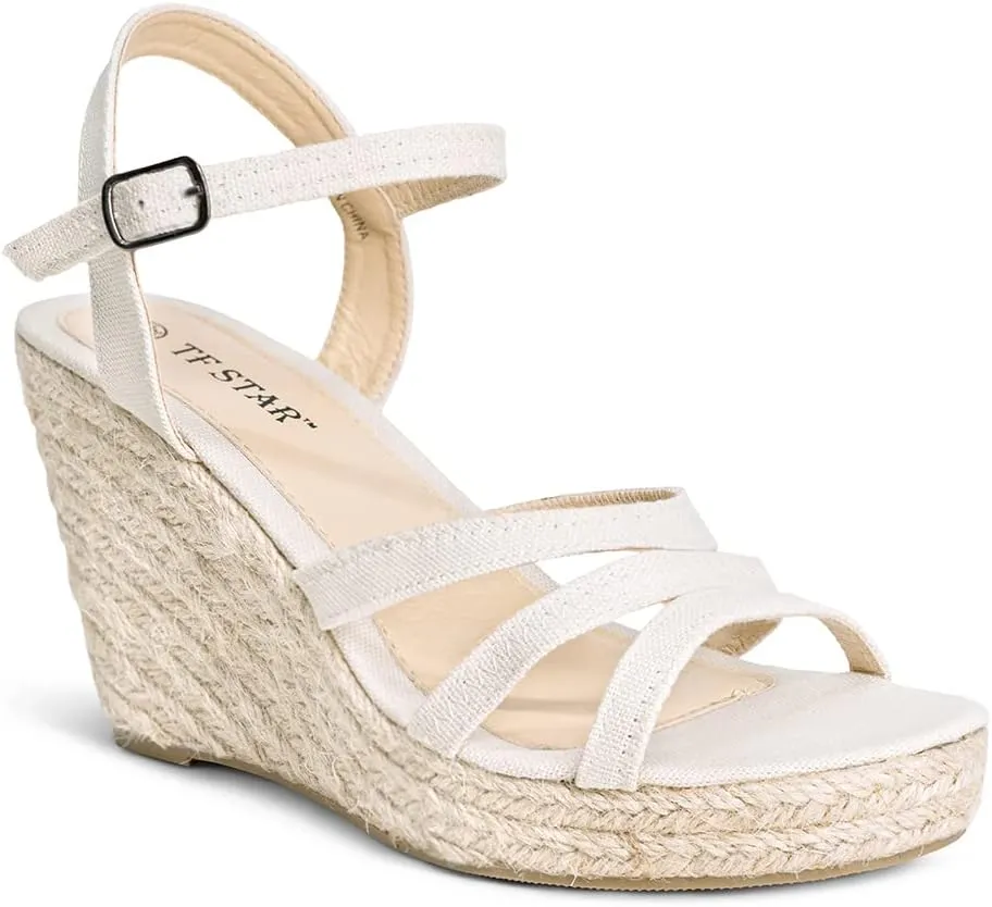 TF STAR Open Toe Buckle Ankle Strap Espadrilles Platform Wedge Casual Sandal for Women