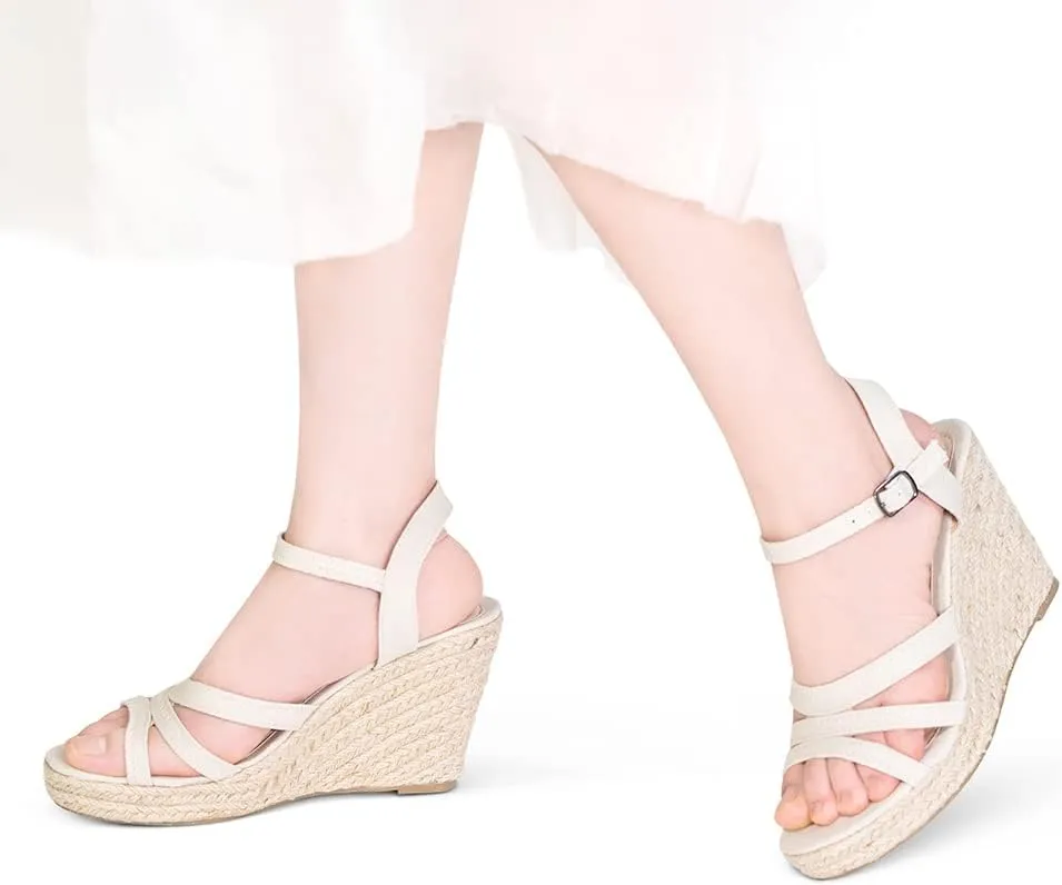 TF STAR Open Toe Buckle Ankle Strap Espadrilles Platform Wedge Casual Sandal for Women
