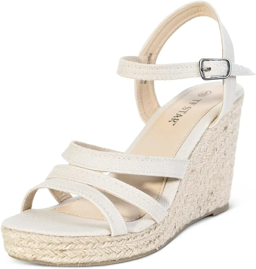 TF STAR Open Toe Buckle Ankle Strap Espadrilles Platform Wedge Casual Sandal for Women