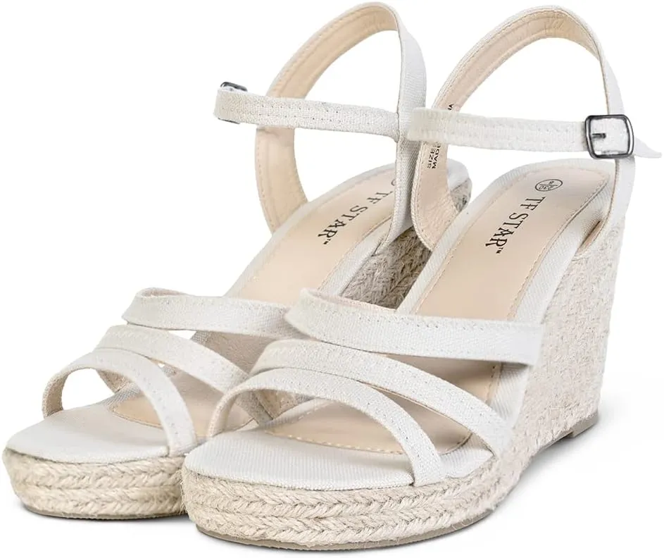 TF STAR Open Toe Buckle Ankle Strap Espadrilles Platform Wedge Casual Sandal for Women
