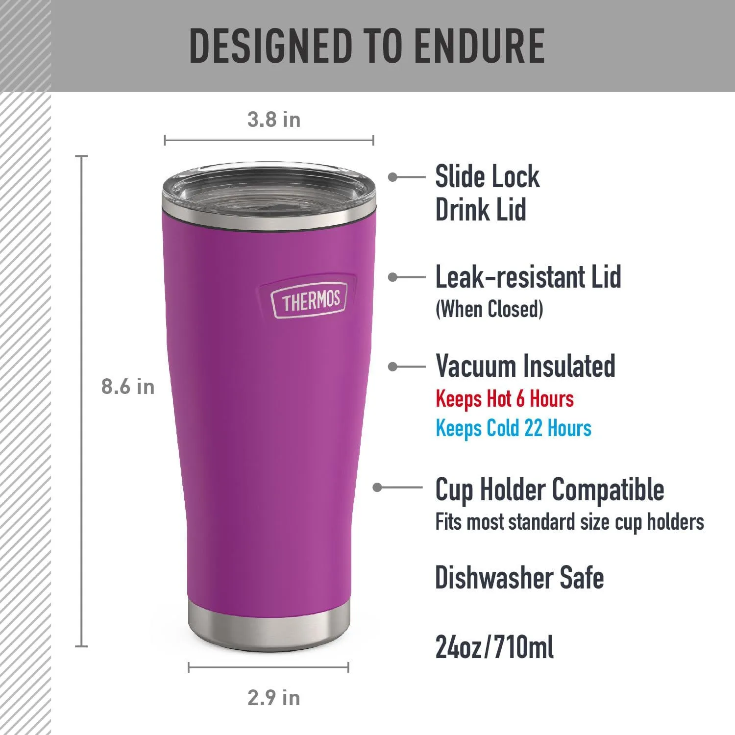 THERMOS ICON SERIES Stainless Steel Cold Tumbler with Slide Lock, 24 Ounce, Plum