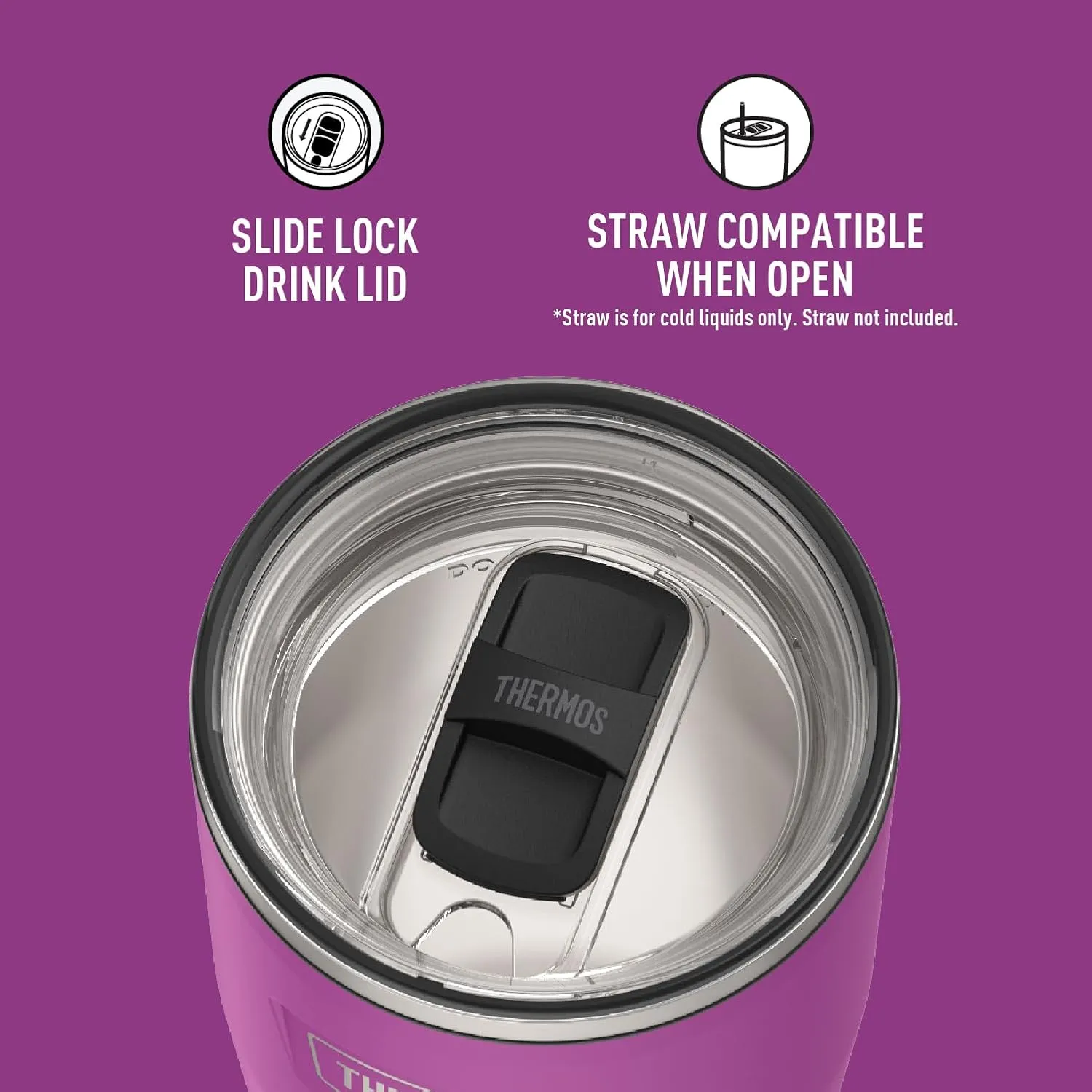 THERMOS ICON SERIES Stainless Steel Cold Tumbler with Slide Lock, 24 Ounce, Plum