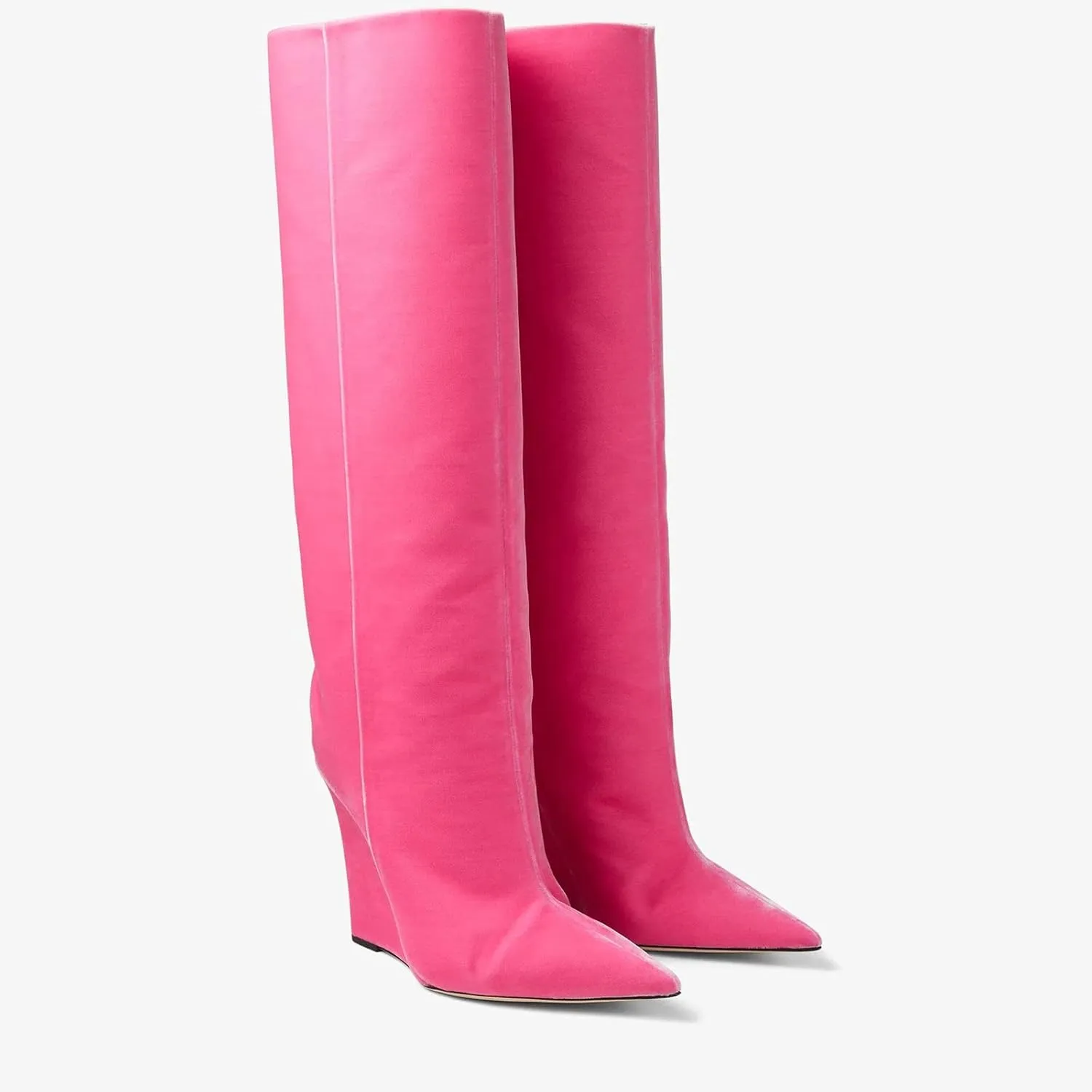 THESHY Women‘s Pointed Toe Knee High Boot Wedge Metallic High Heel Thigh High Boot Patent Leather Pull on Shoes