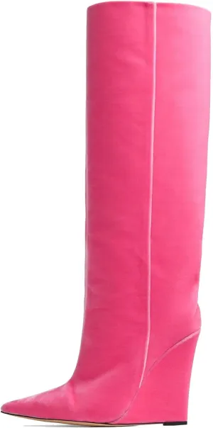THESHY Women‘s Pointed Toe Knee High Boot Wedge Metallic High Heel Thigh High Boot Patent Leather Pull on Shoes