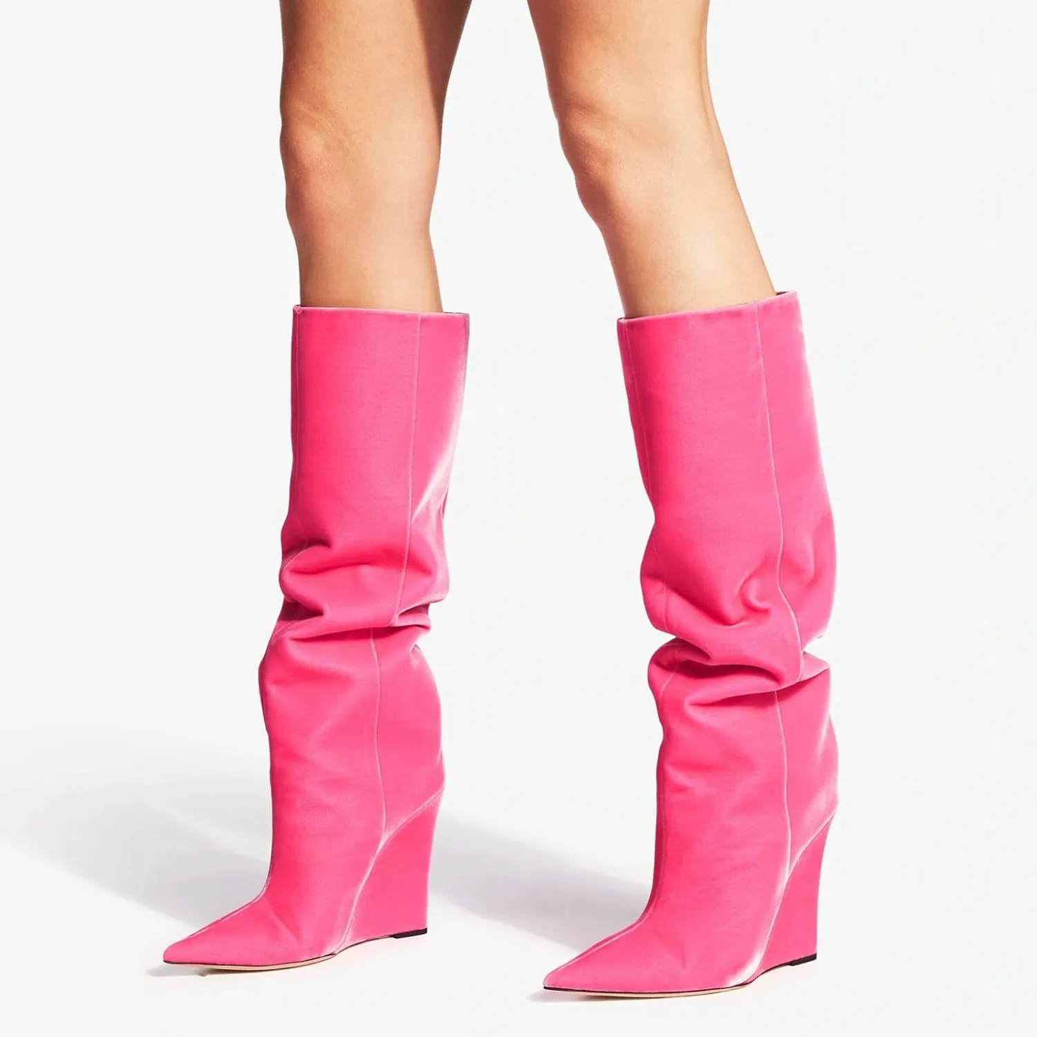 THESHY Women‘s Pointed Toe Knee High Boot Wedge Metallic High Heel Thigh High Boot Patent Leather Pull on Shoes