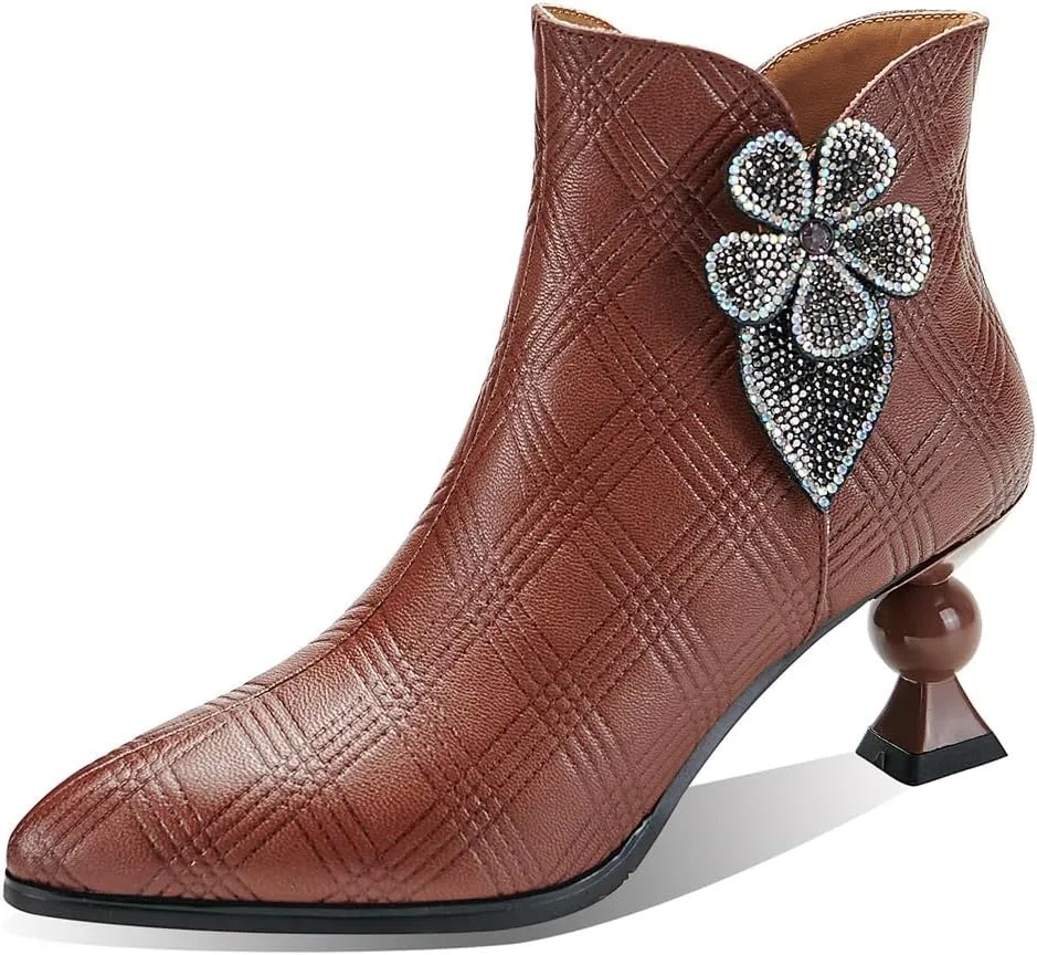 TinaCus Embossed Genuine Leather Women's Pointed Toe Handmade Crystal Flower Stylish Mid Heels Zip Up Ankle Boots