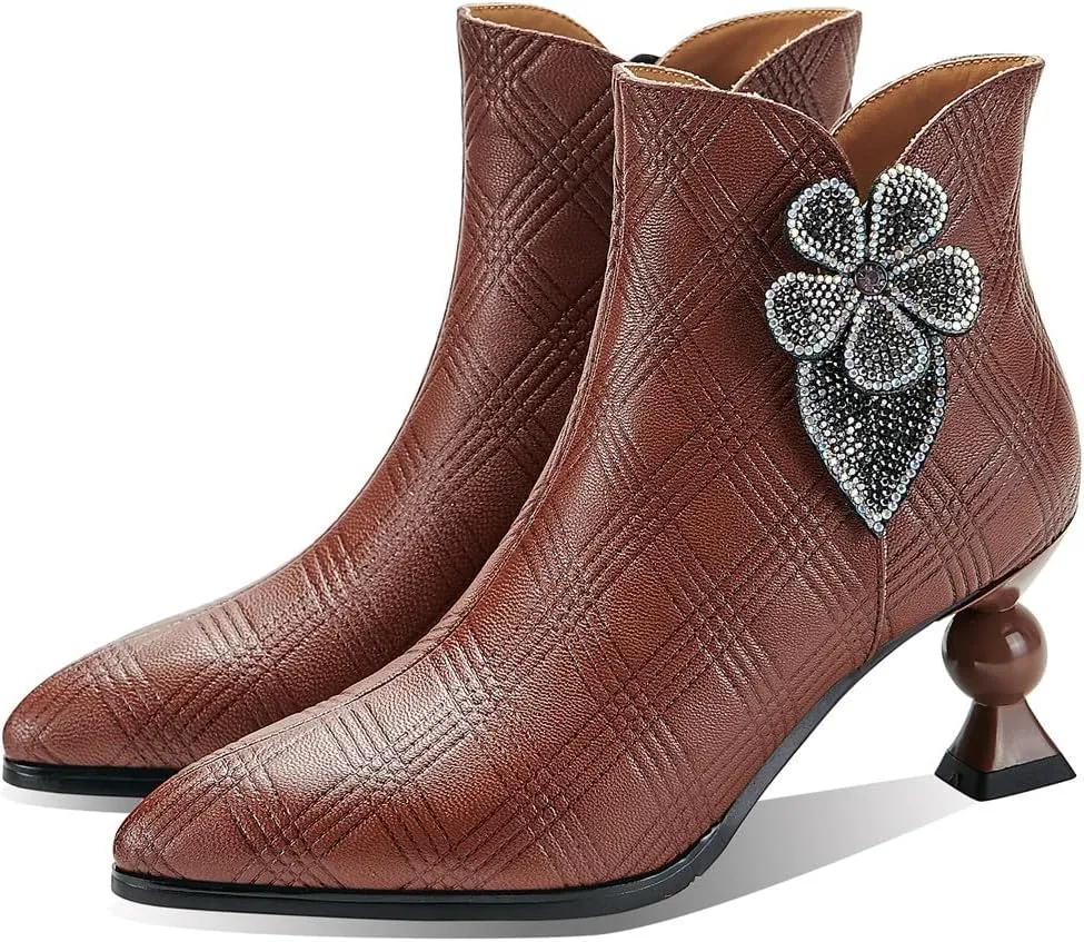 TinaCus Embossed Genuine Leather Women's Pointed Toe Handmade Crystal Flower Stylish Mid Heels Zip Up Ankle Boots