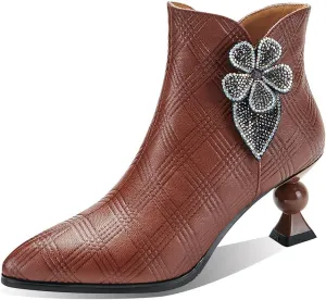 TinaCus Embossed Genuine Leather Women's Pointed Toe Handmade Crystal Flower Stylish Mid Heels Zip Up Ankle Boots