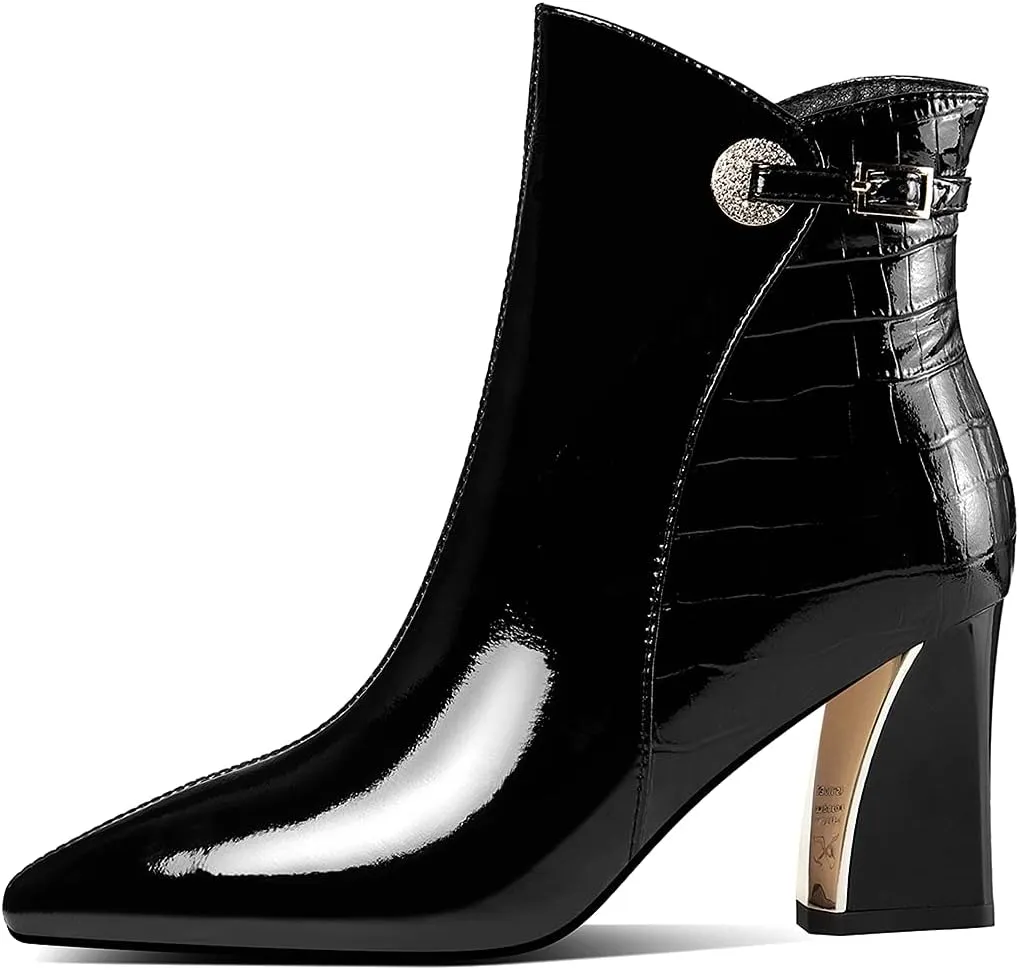 TinaCus Glossy Patent Leather Women's Handmade Chunky Heel Pointed Toe Side zip Up Ankle Booties with Exquisite Buckle Decor