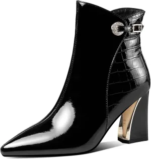 TinaCus Glossy Patent Leather Women's Handmade Chunky Heel Pointed Toe Side zip Up Ankle Booties with Exquisite Buckle Decor