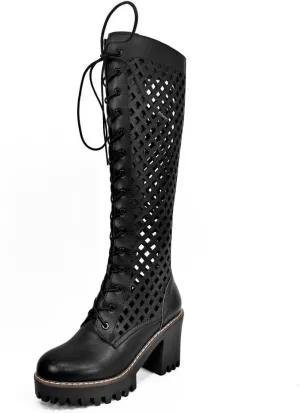 TinaCus Handmade Women's Genuine Leather Round ToeLace Up Side Zip Platform Mesh Knee High Boots