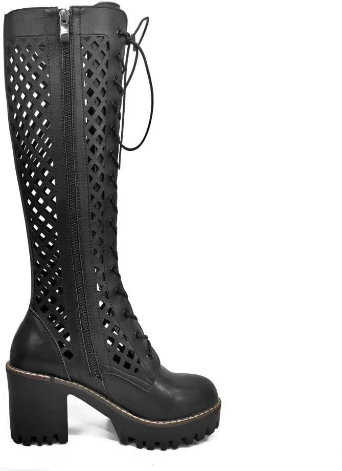 TinaCus Handmade Women's Genuine Leather Round ToeLace Up Side Zip Platform Mesh Knee High Boots