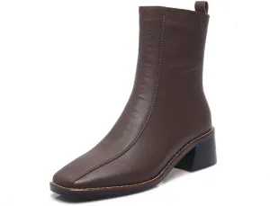 TinaCus Women's Genuine Leather Square Toe Side Zip Up Handmade Low Chunky Heel Chic Mid-Calf Boots