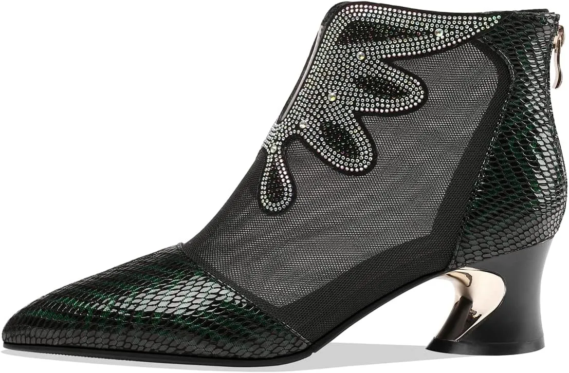 TinaCus Women's Handmade Genuine Leather and Mesh Back Zip Up Glitter Decor Chuncky Heel Summer Boots