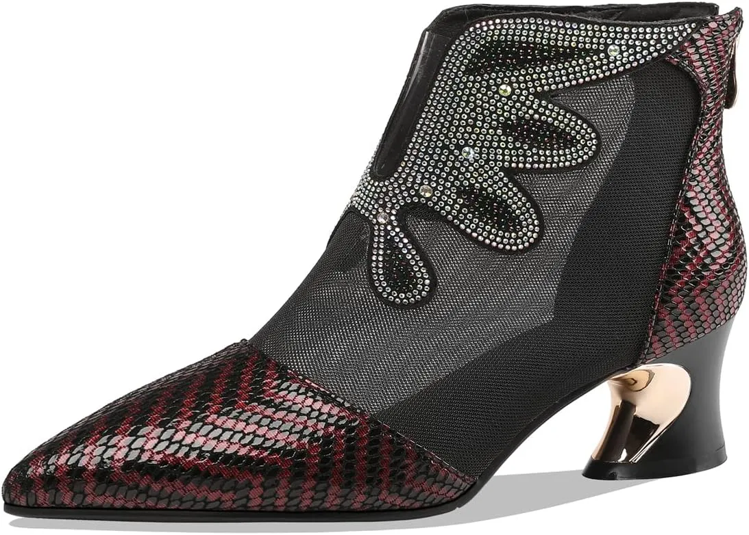 TinaCus Women's Handmade Genuine Leather and Mesh Back Zip Up Glitter Decor Chuncky Heel Summer Boots