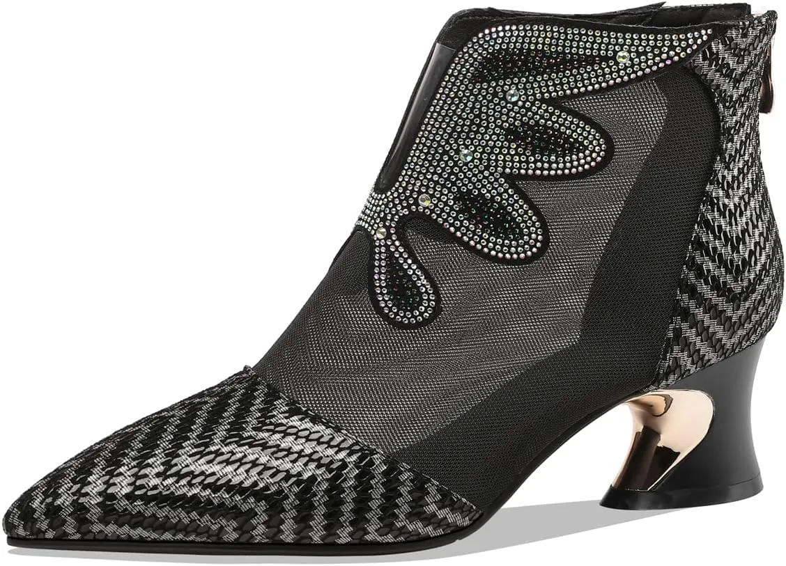 TinaCus Women's Handmade Genuine Leather and Mesh Back Zip Up Glitter Decor Chuncky Heel Summer Boots