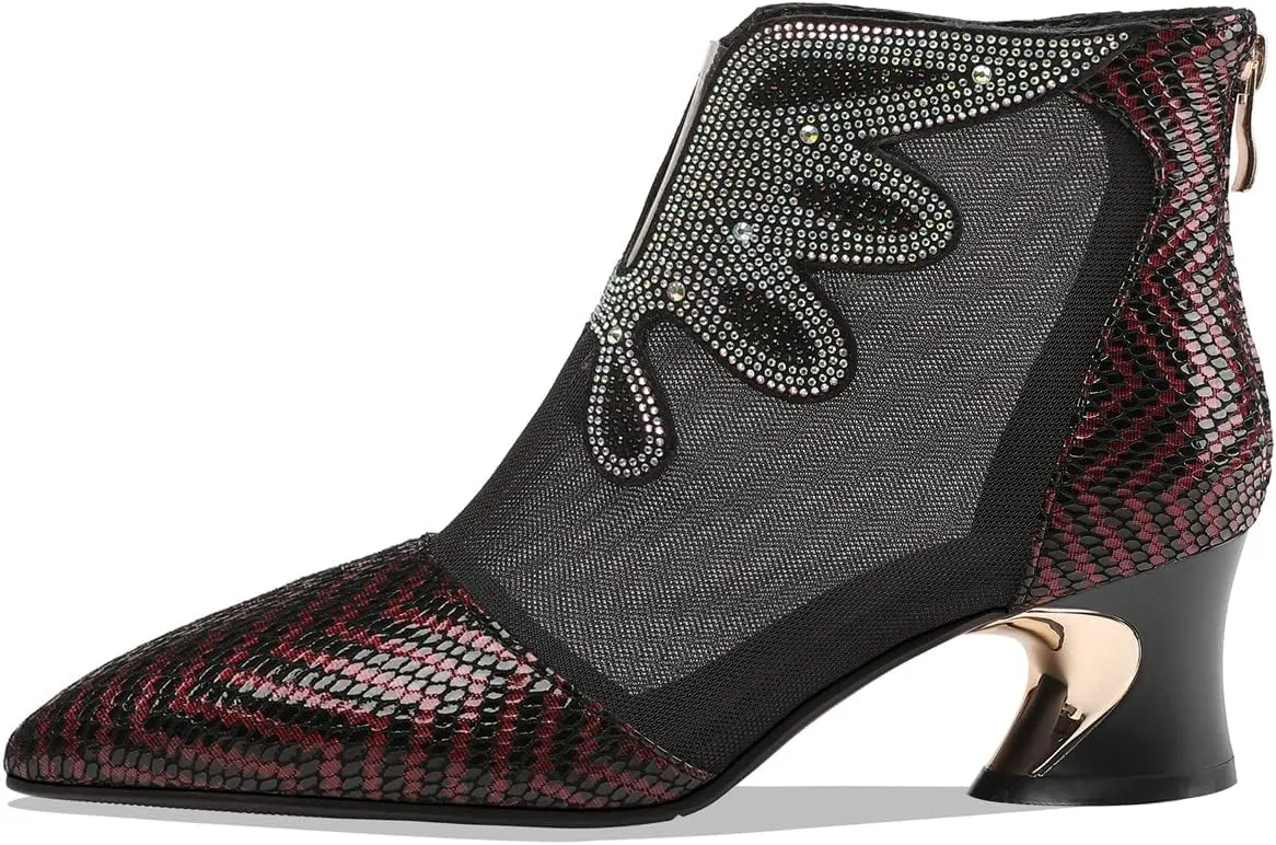TinaCus Women's Handmade Genuine Leather and Mesh Back Zip Up Glitter Decor Chuncky Heel Summer Boots