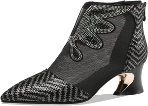 TinaCus Women's Handmade Genuine Leather and Mesh Back Zip Up Glitter Decor Chuncky Heel Summer Boots