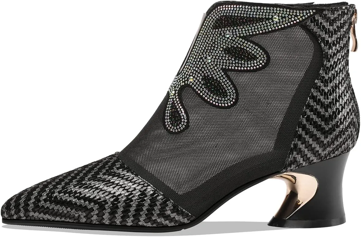 TinaCus Women's Handmade Genuine Leather and Mesh Back Zip Up Glitter Decor Chuncky Heel Summer Boots