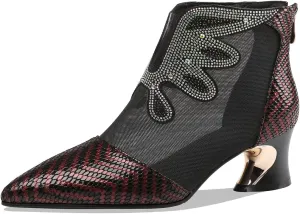 TinaCus Women's Handmade Genuine Leather and Mesh Back Zip Up Glitter Decor Chuncky Heel Summer Boots