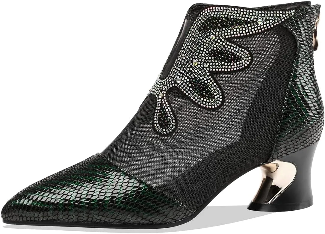 TinaCus Women's Handmade Genuine Leather and Mesh Back Zip Up Glitter Decor Chuncky Heel Summer Boots