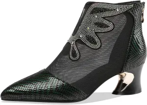 TinaCus Women's Handmade Genuine Leather and Mesh Back Zip Up Glitter Decor Chuncky Heel Summer Boots