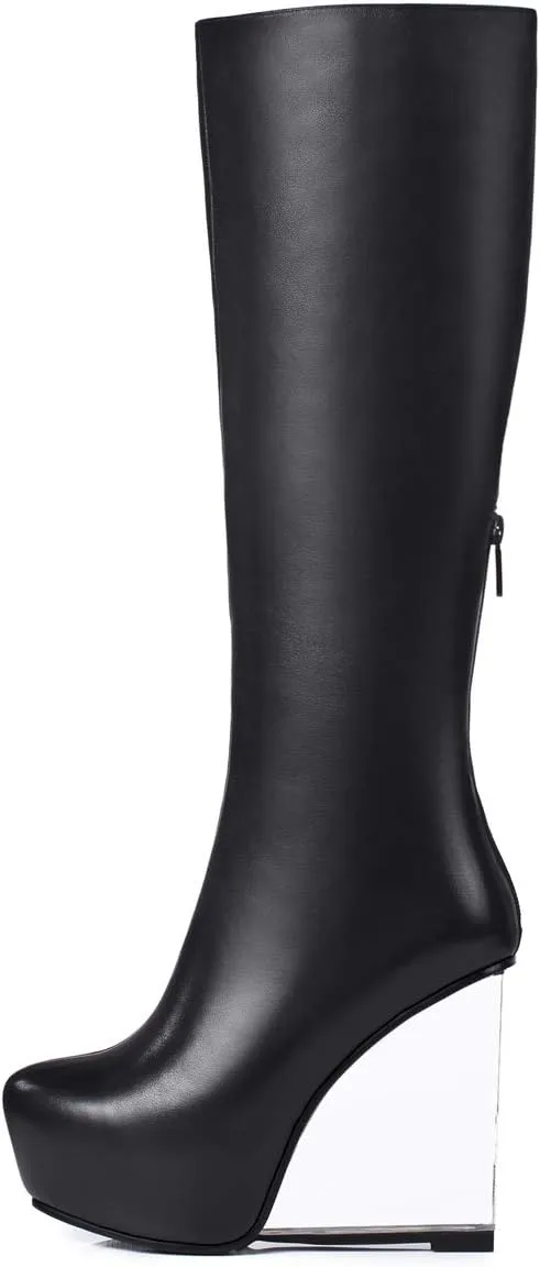 TinaCus Women's Handmade Genuine Leather Round Toe Transparent High Heel Half Zip Up Knee High Boots with Platform