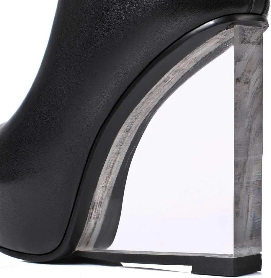 TinaCus Women's Handmade Genuine Leather Round Toe Transparent High Heel Half Zip Up Knee High Boots with Platform