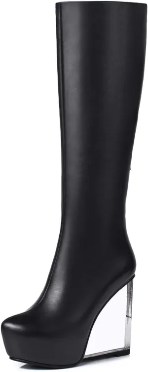 TinaCus Women's Handmade Genuine Leather Round Toe Transparent High Heel Half Zip Up Knee High Boots with Platform